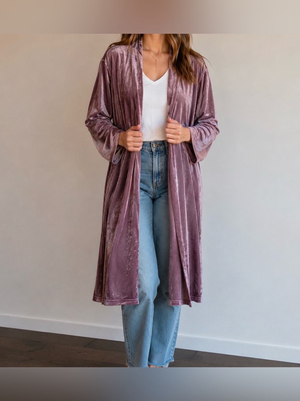 Rue21 Velvet Open-Front Duster Kimono Cardigan in Mauve